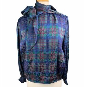 VTG 80s OMANTI 100% Silk Floral Plaid Print Puffy Blouse Tie Neck Sz 8 Abstract